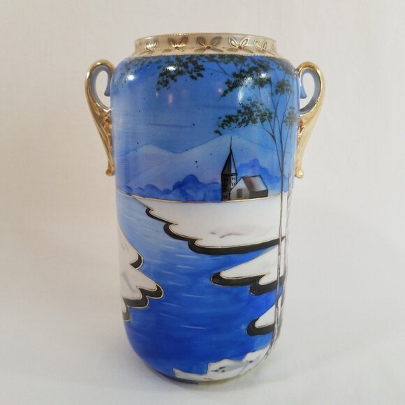 Antique Nippon 8.75" Vase Hand Painted Winter Scene Blue White Gold Tone Handles